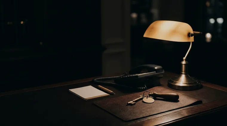 Concierge desk at dawn — brass key resting on fine leather