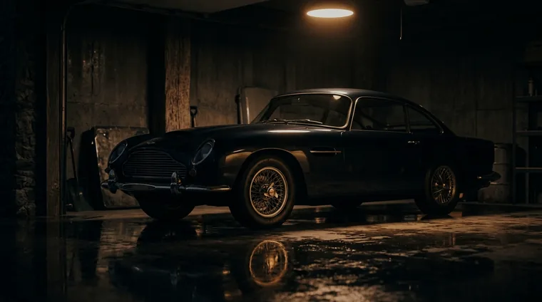 Classic grand tourer in private gallery, spotlight reflection on floor