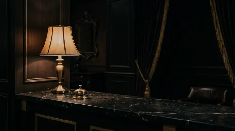 Private club reception at night — brass bell on dark marble