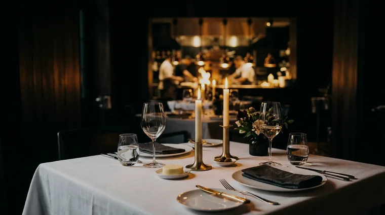 Chef's private table by candlelight, crystal in warm amber glow