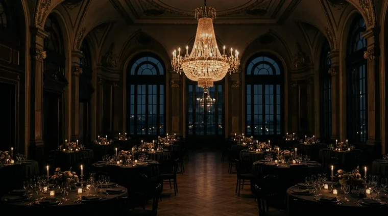 Grand ballroom before private gala — chandelier and tables in twilight