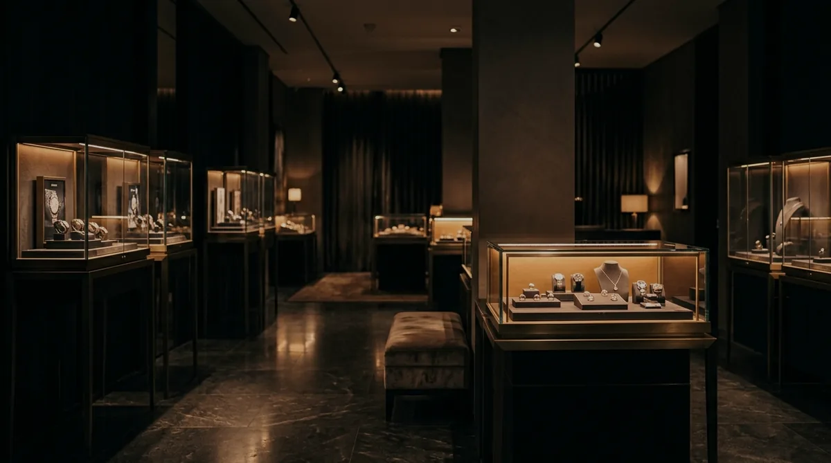 Boutique showroom after hours — illuminated showcases with haute horlogerie
