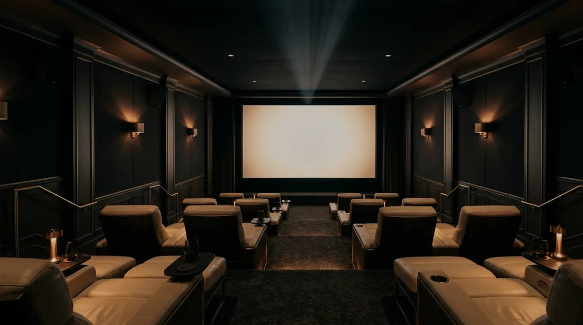 Private cinema screening room — leather lounge chairs and illuminated screen
