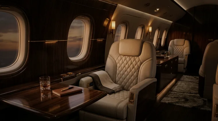Private jet cabin interior at dusk — bespoke leather, walnut, and brass
