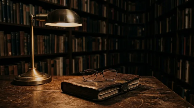 Leather-bound journal on private library table under reading lamp