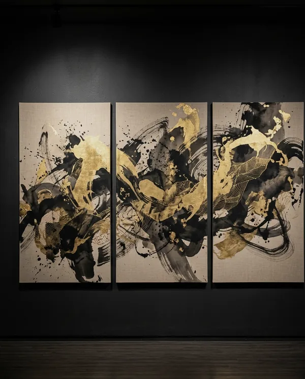 Triptych on linen — gold pigment and Japanese sumi ink