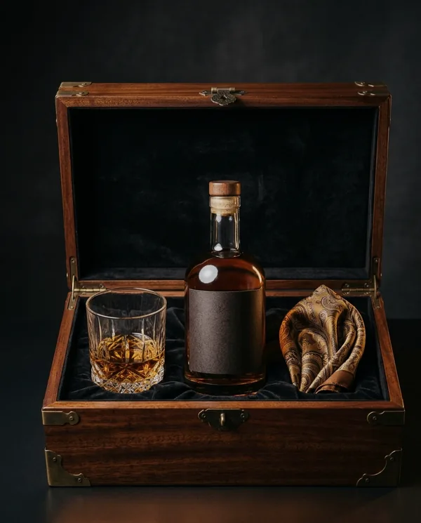 Open mahogany connoisseur chest with rare whisky and crystal tumbler