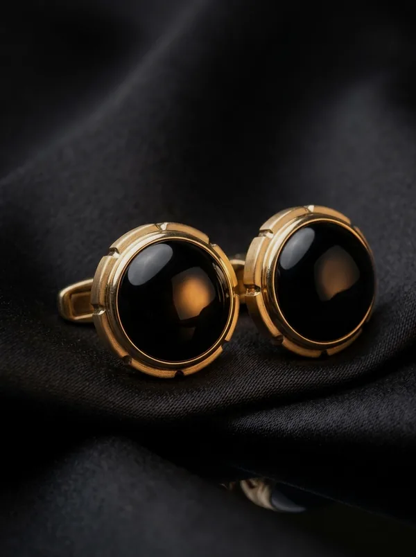 Obsidian and gold cufflinks on folded dark silk