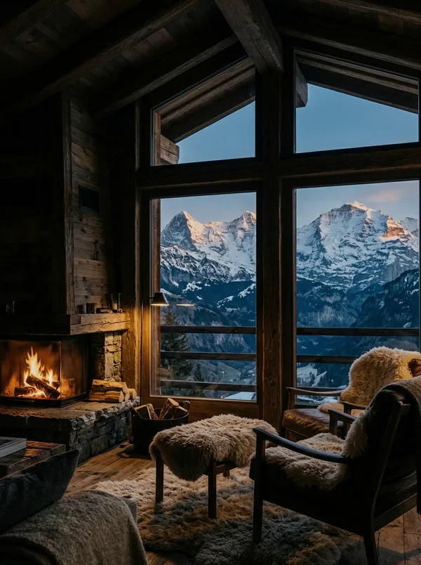 Alpine chalet interior overlooking snowcapped mountain peaks