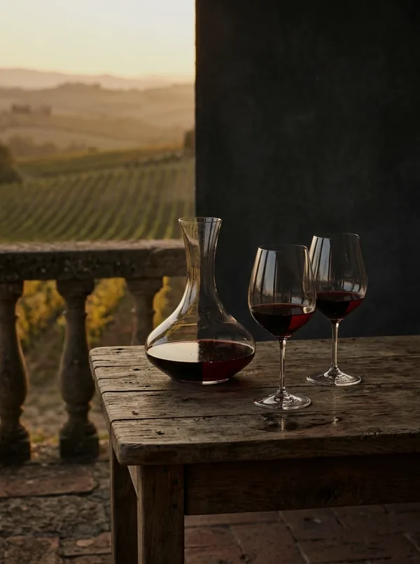 Stone terrace of Tuscan estate at twilight overlooking vineyards