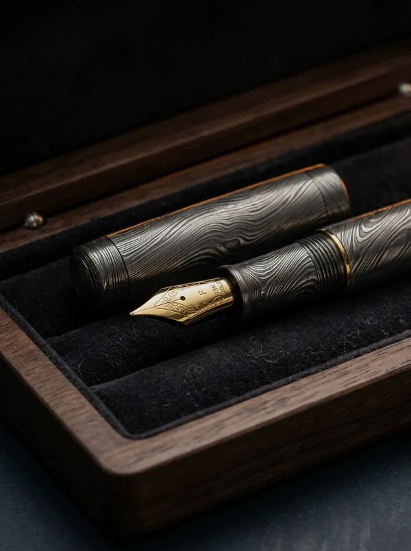 Damascus steel fountain pen in solid walnut presentation case