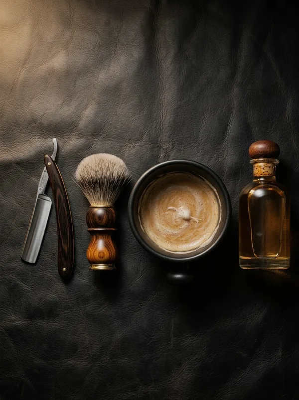 Bespoke grooming set on dark leather — straight razor, badger brush, bowl