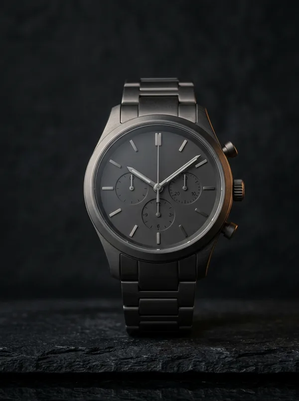 Titanium chronograph with minimalist dial on dark stone