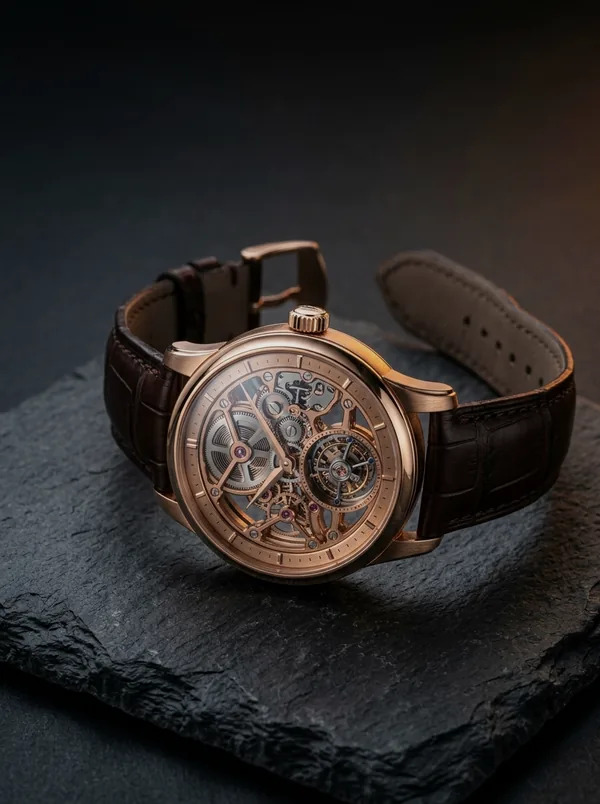 Skeleton tourbillon timepiece in rose gold on dark slate