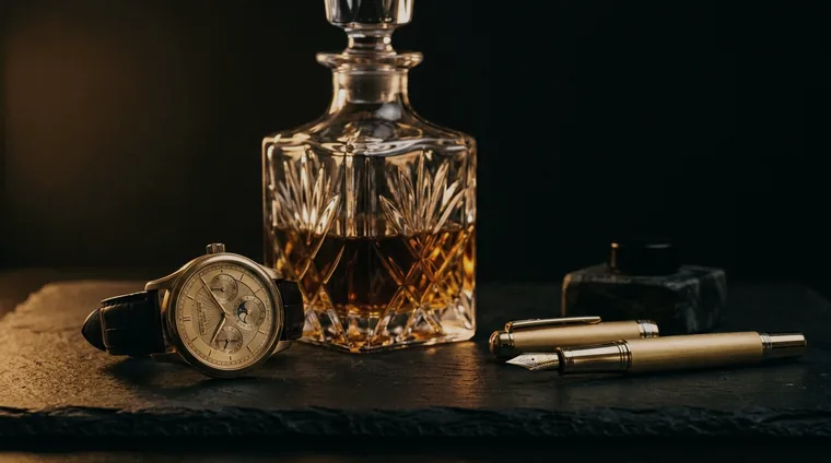 Timepiece, crystal decanter, and fountain pen on black stone in spotlight