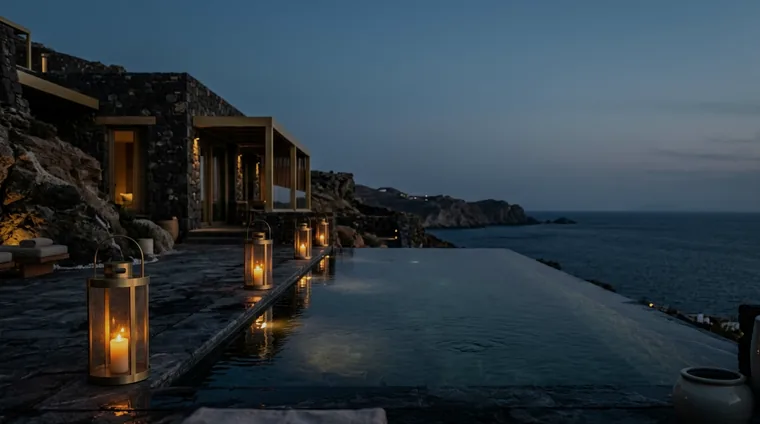 Cliffside villa infinity pool at blue hour overlooking the ocean