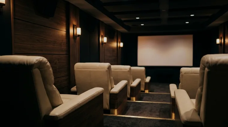 Private home cinema — leather lounge seating facing the illuminated screen